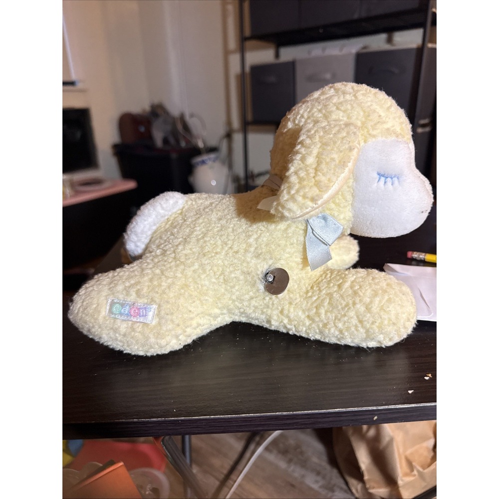 Vintage Eden Sheep Lamb Plush Musical Wind Up Mary Had a Little Lamb Blue Bow